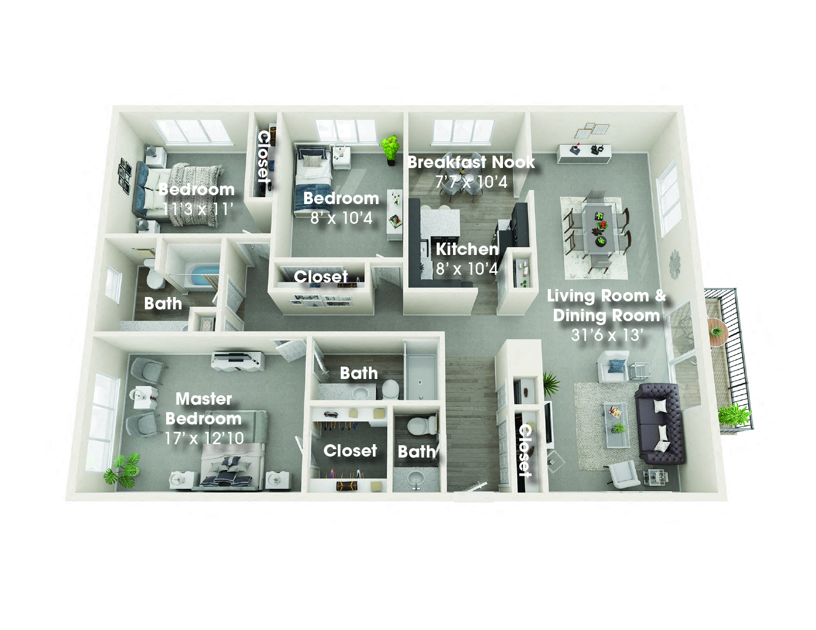 Floor plan for 3 beds, 2.5 baths, 1800 sqft